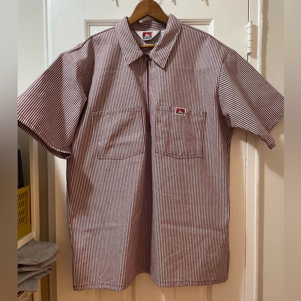 Ben Davis Quarter zip work shirt in burgundy pinstripe